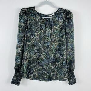 Pleione Size Small Printed Puff Shoulder Smocked Cuff Blouse Top